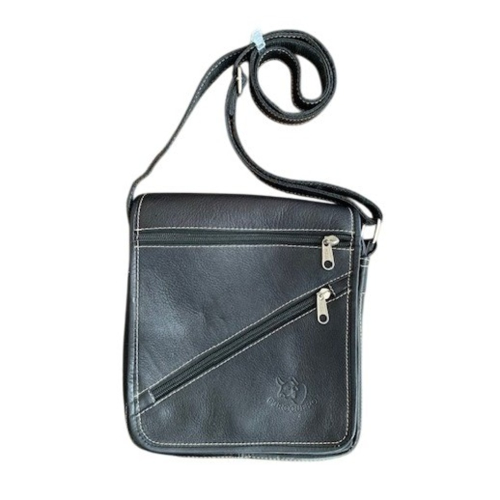 Puro Cuero‎ Black Genuine Leather Crossbody Messenger Bag Multi Pocket Unisex